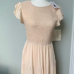 Zesica Flutter Short Sleeve Crew Neck Smocked Elastic Waist Tiered Midi Dress.